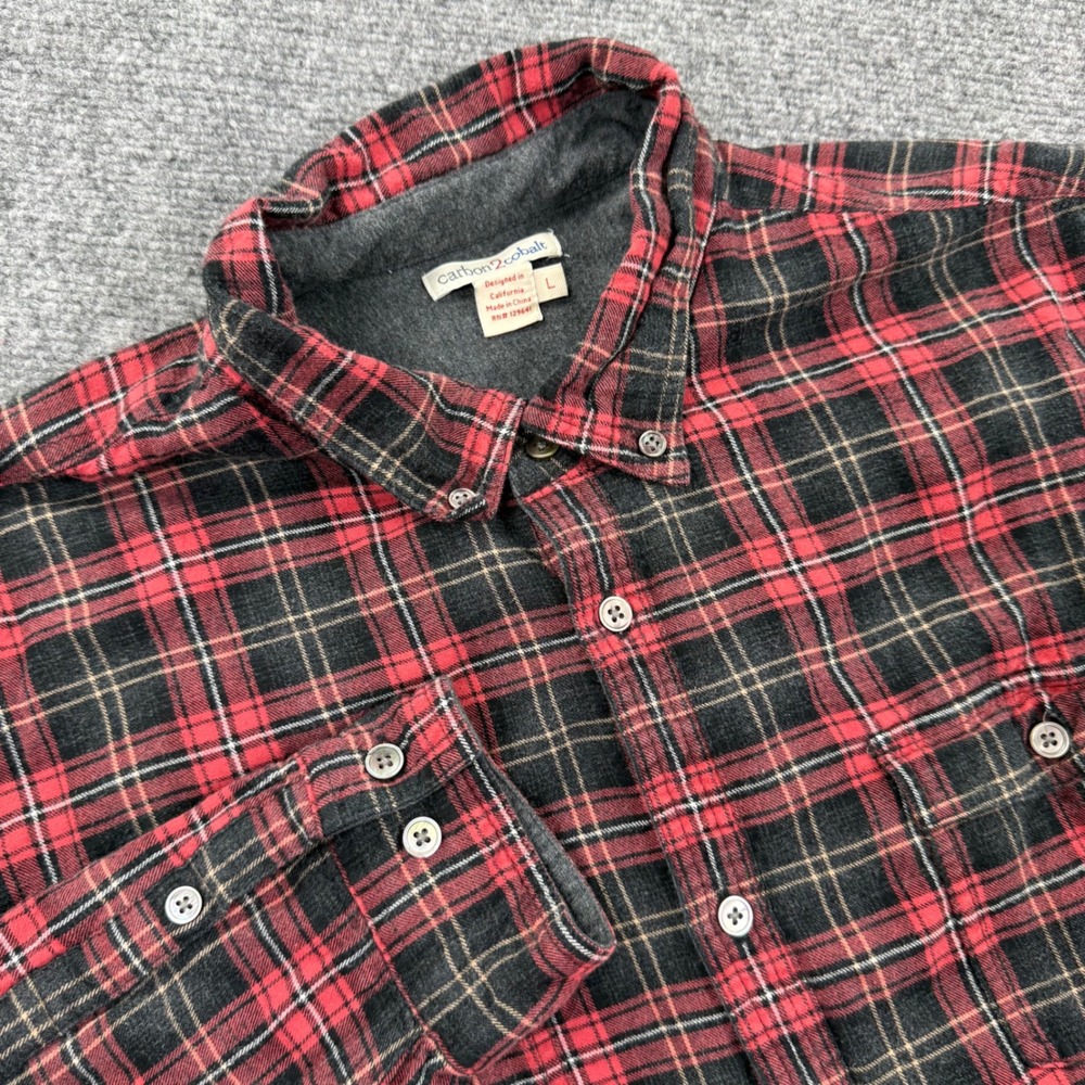 Carbon 2 Cobalt Button Down Shirt Large Red‎ Plaid Flannel Long Sleeve Flaw Mens